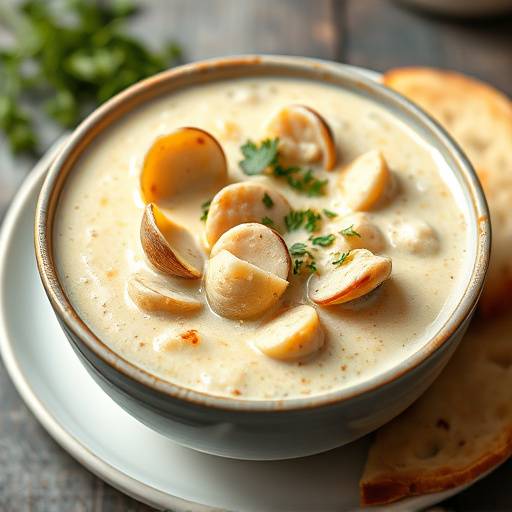 A beautifully styled shot of Pike Place Chowder's signature clam chowder, showcasing its creamy texture and fresh ingredients.