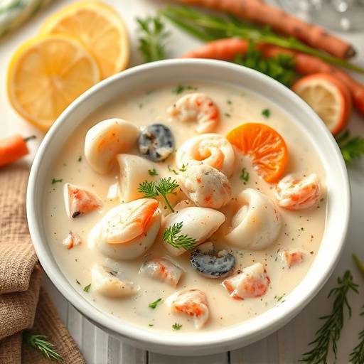 A beautifully styled shot of Pike Place Chowder's signature seafood chowder, showcasing its creamy texture and fresh ingredients.