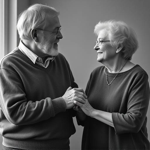 A black and white portrait of an elderly couple holding hands, radiating a sense of enduring love and companionship.