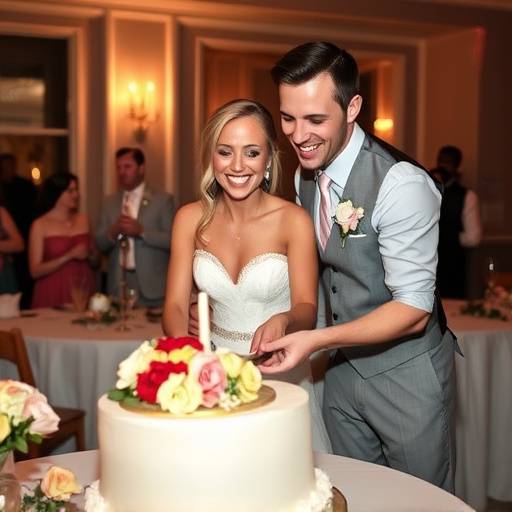 A candid moment captured during a wedding reception, featuring the bride and groom cutting their cake with smiles and laughter.