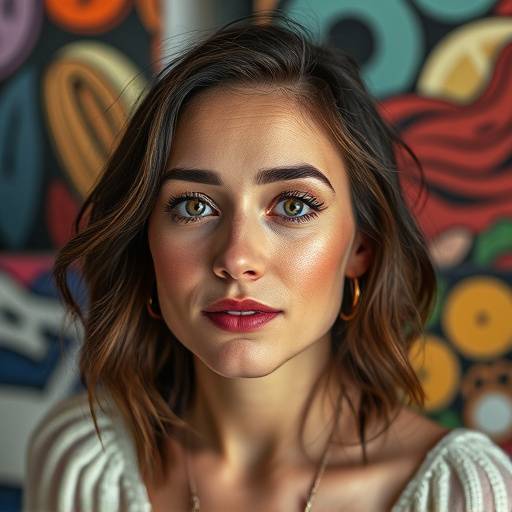 A close-up portrait of a Seattle artist in her studio, surrounded by her artwork, capturing her passion and creativity.