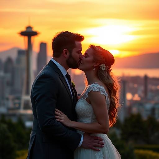 A newlywed couple sharing a kiss against the backdrop of the Seattle skyline at sunset.
