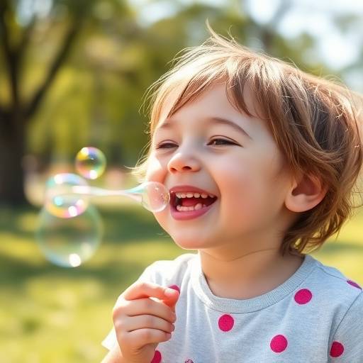 A playful portrait of a child laughing while blowing bubbles in a park, capturing the innocence and joy of childhood.