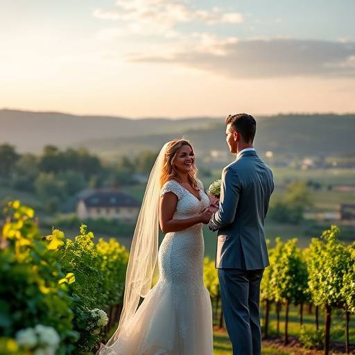 A stunning panoramic shot of a wedding ceremony held at a vineyard in Woodinville, with the bride and groom exchanging vows against a backdrop of rolling hills and lush greenery.