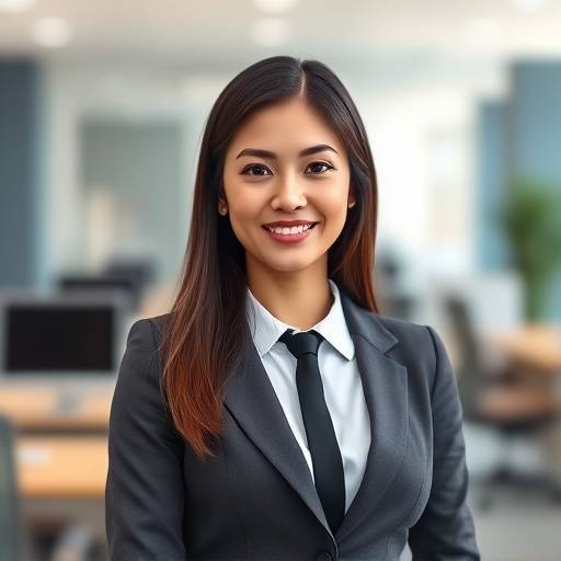 A young woman in professional attire posing for a corporate headshot against a blurred office background.