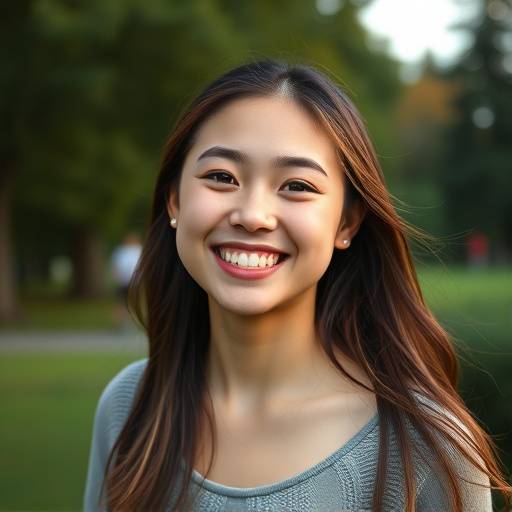 A young woman smiling radiantly during a portrait session at Discovery Park in Seattle.