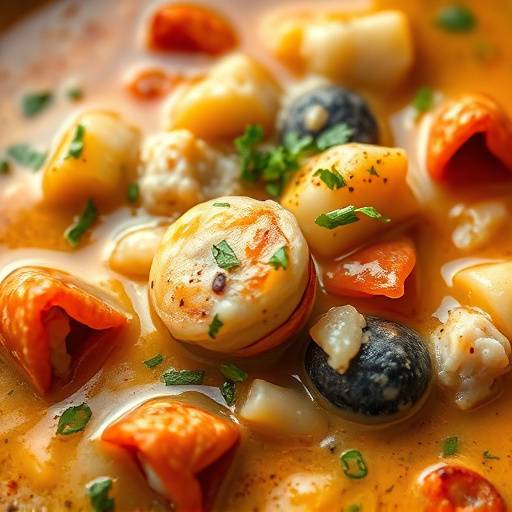 Close-up shot of a delicious plate of seafood chowder, showcasing its textures and colors, taken for a food blog.